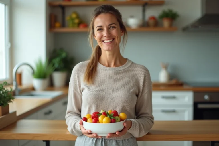 Femme souriante en cuisine avec salade de fruits