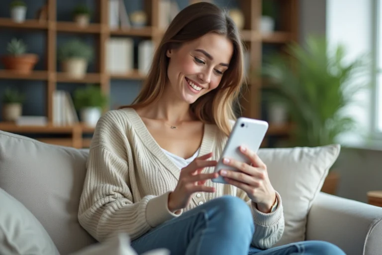 Femme souriante utilisant son smartphone pour des offres de nettoyage