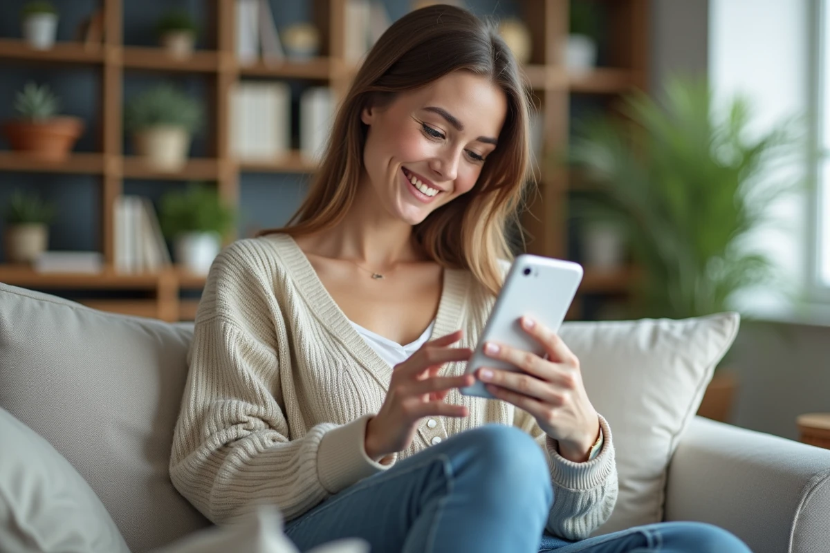 Femme souriante utilisant son smartphone pour des offres de nettoyage