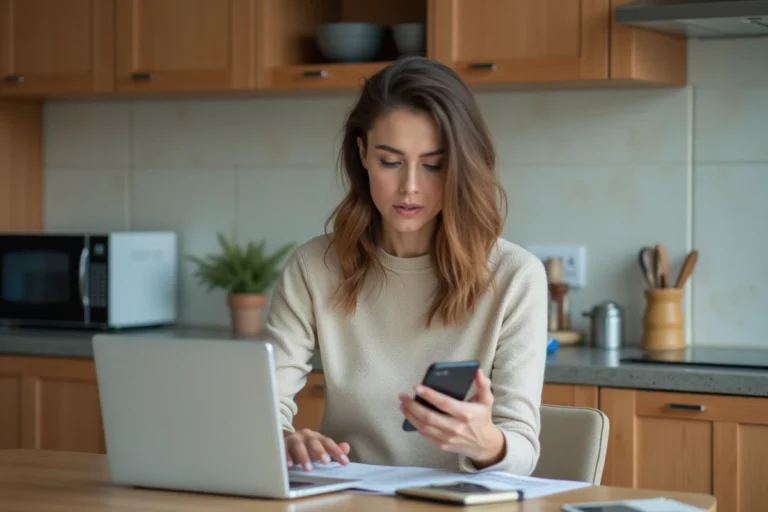 Femme utilisant son ordinateur portable dans une cuisine moderne
