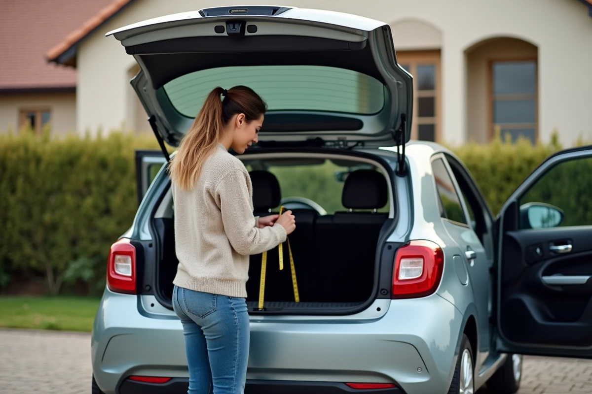Jeune femme mesurant le coffre d