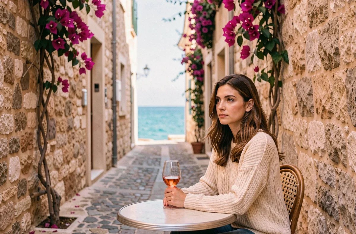 Femme savourant un verre de rosé dans une ruelle pittoresque de Cassis avec vue sur la Méditerranée, destination romantique PACA