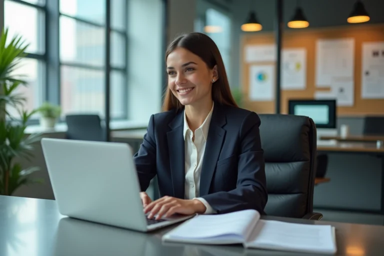 Jeune femme en entretien vidéo dans un bureau moderne
