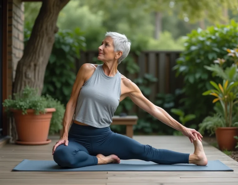 Femme de 60 ans pratiquant le yoga en plein air sur une terrasse en bois entourée d'un jardin verdoyant