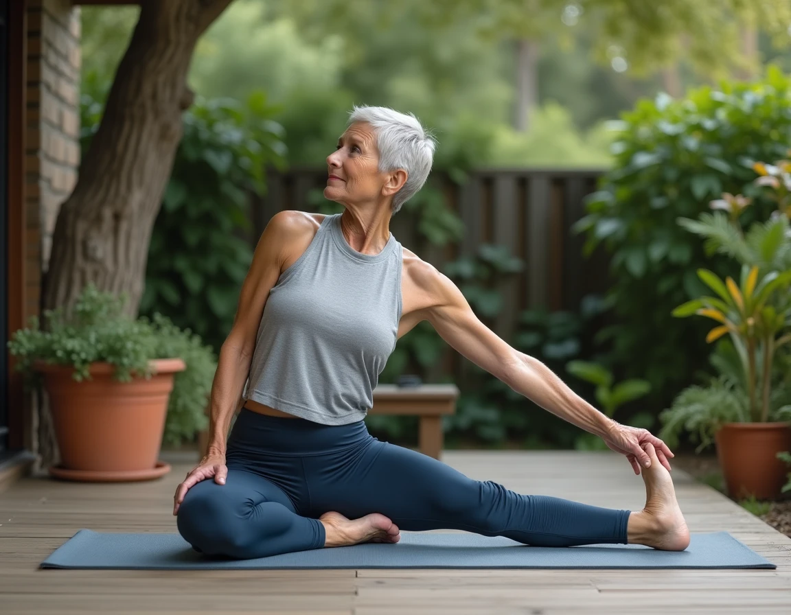 Femme de 60 ans pratiquant le yoga en plein air sur une terrasse en bois entourée d'un jardin verdoyant