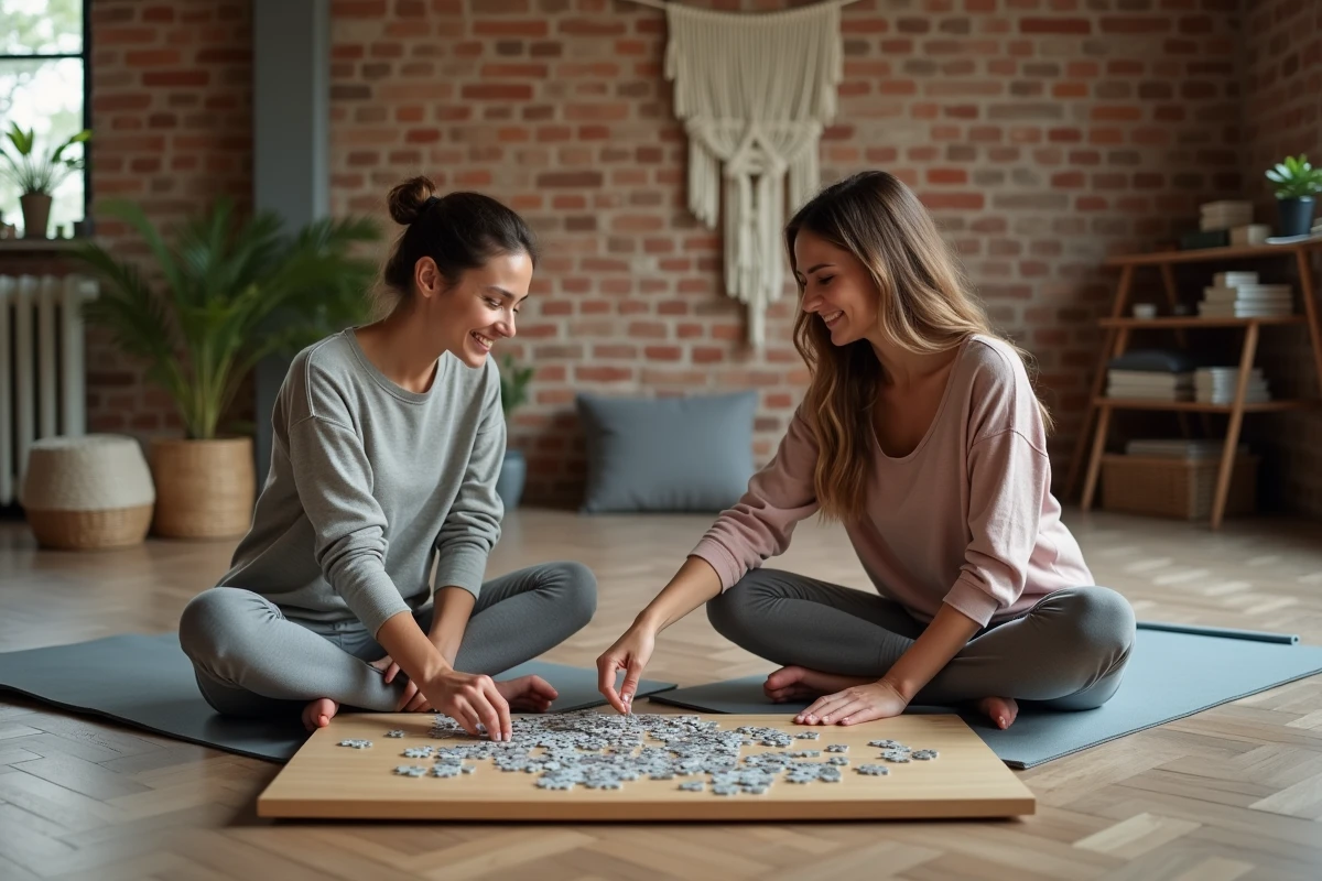 Deux femmes réalisant un puzzle ensemble dans un espace de loisir convivial, activité détente et partage