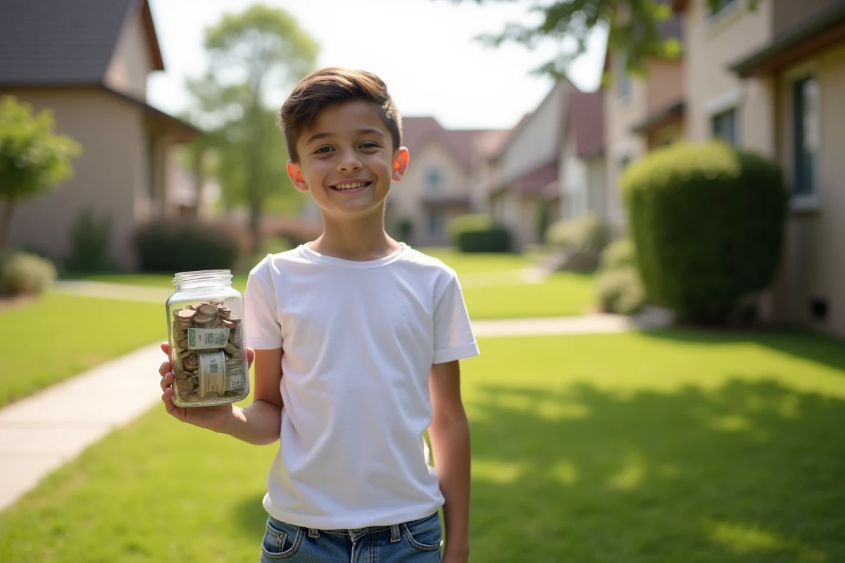 Jeune adolescent souriant tenant un bocal rempli de pièces et de billets dans un quartier résidentiel, symbolisant les moyens de gagner de l'argent dès 12 ans