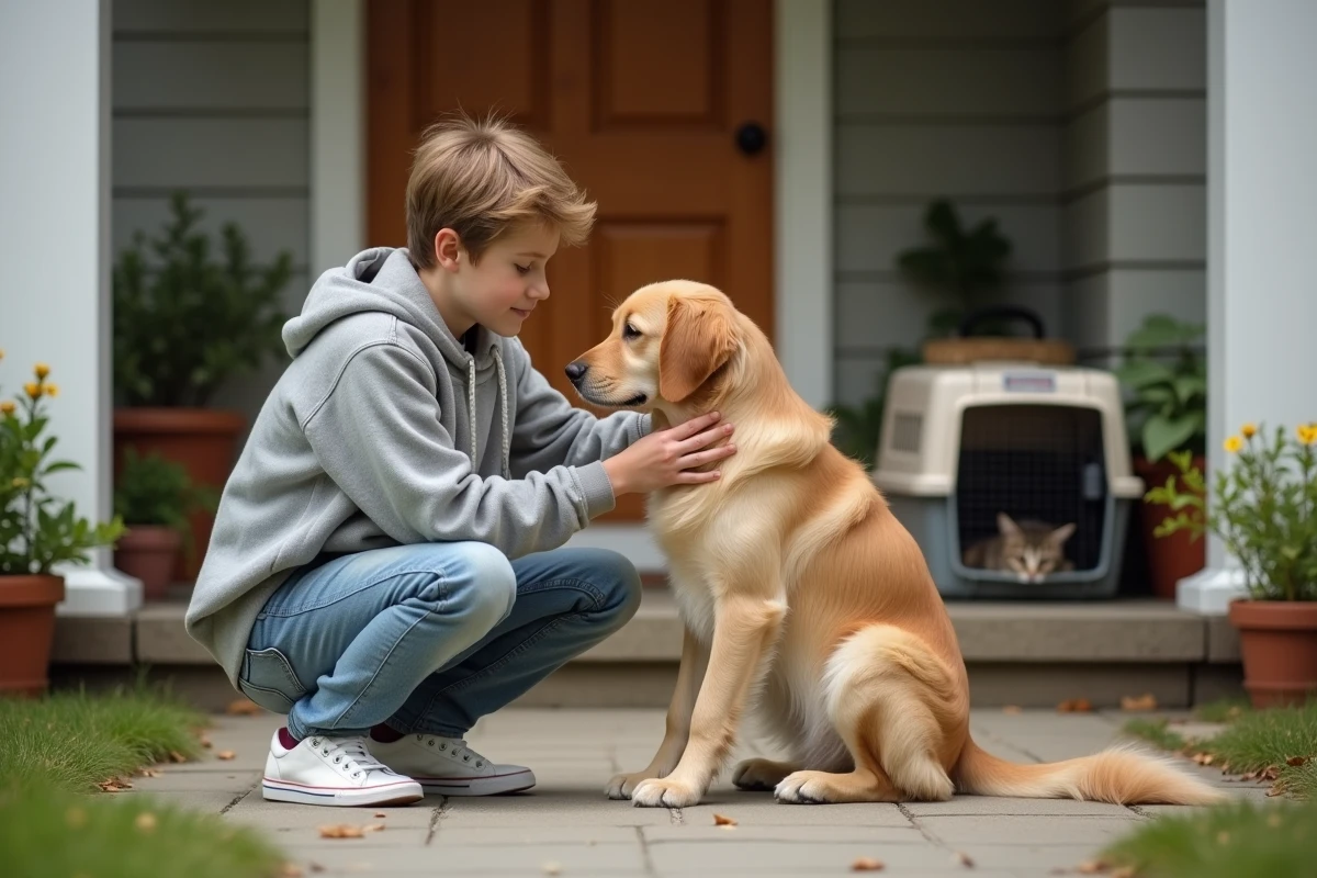 Adolescent gardant un chien golden retriever sur le perron d'une maison de voisin pendant les vacances