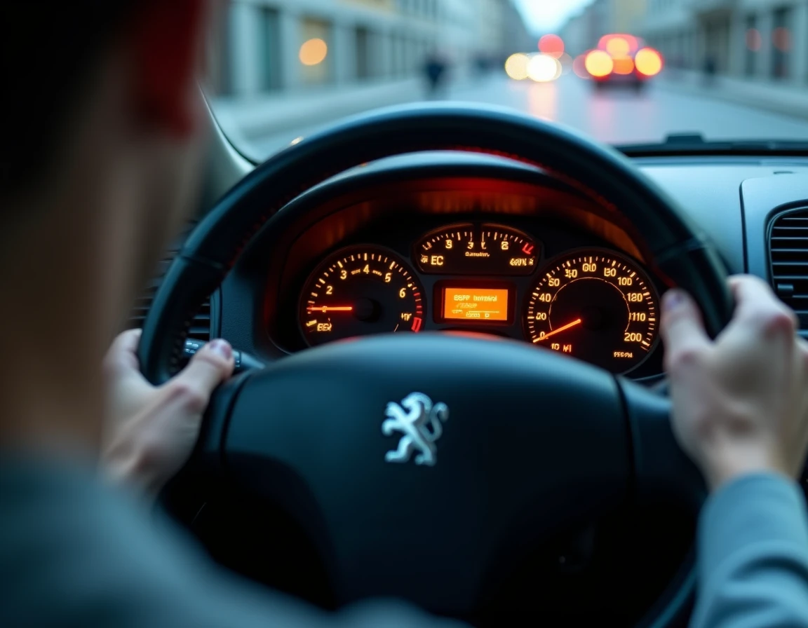Gros plan du voyant ESP allumé sur le tableau de bord d'une Peugeot 407 avec les mains sur le volant