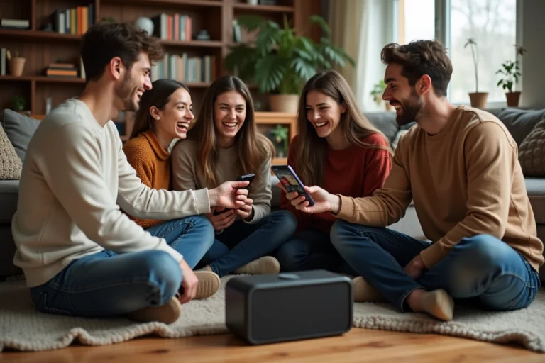 Jeunes adultes riant lors d'une soirée musicale conviviale