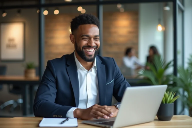 Homme d'affaires nord-africain souriant dans un bureau moderne