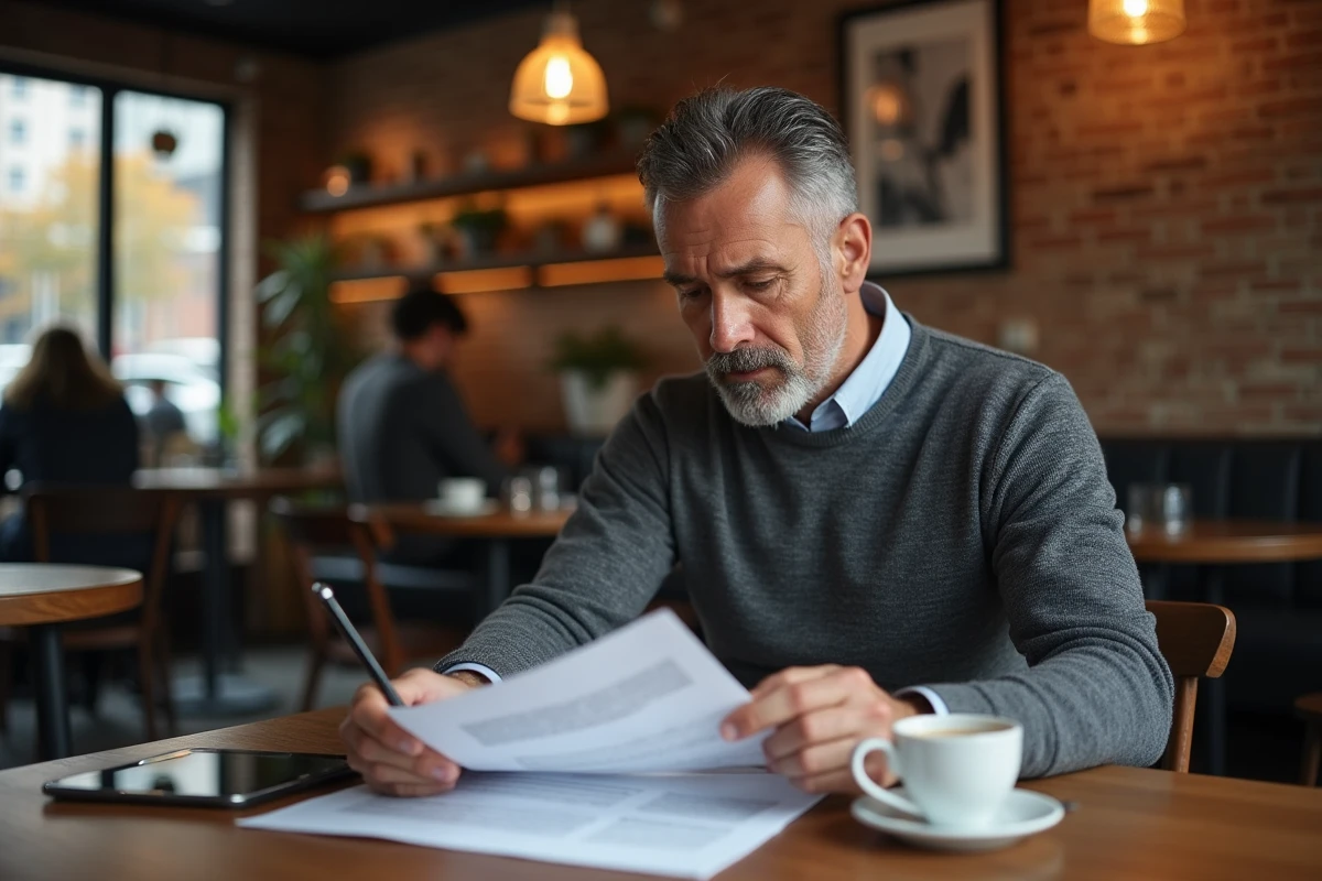 Homme analysant des informations sur la plateforme Claravox dans un café avec une tablette