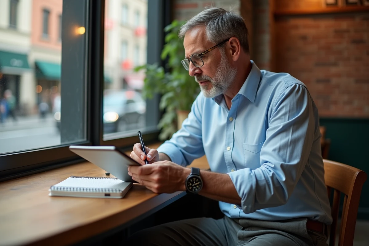 Homme au café utilisant une tablette et prenant des notes