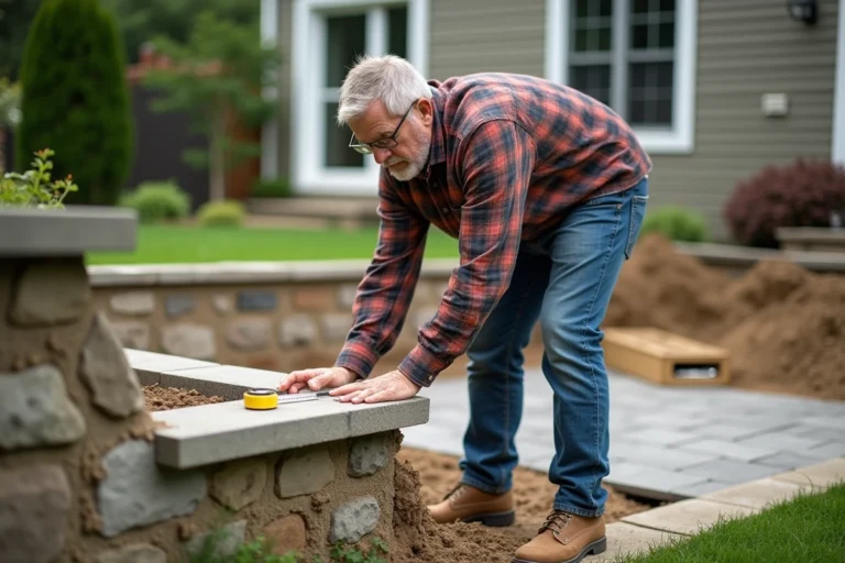 Homme d'âge moyen examine une terrasse en pierre en extérieur