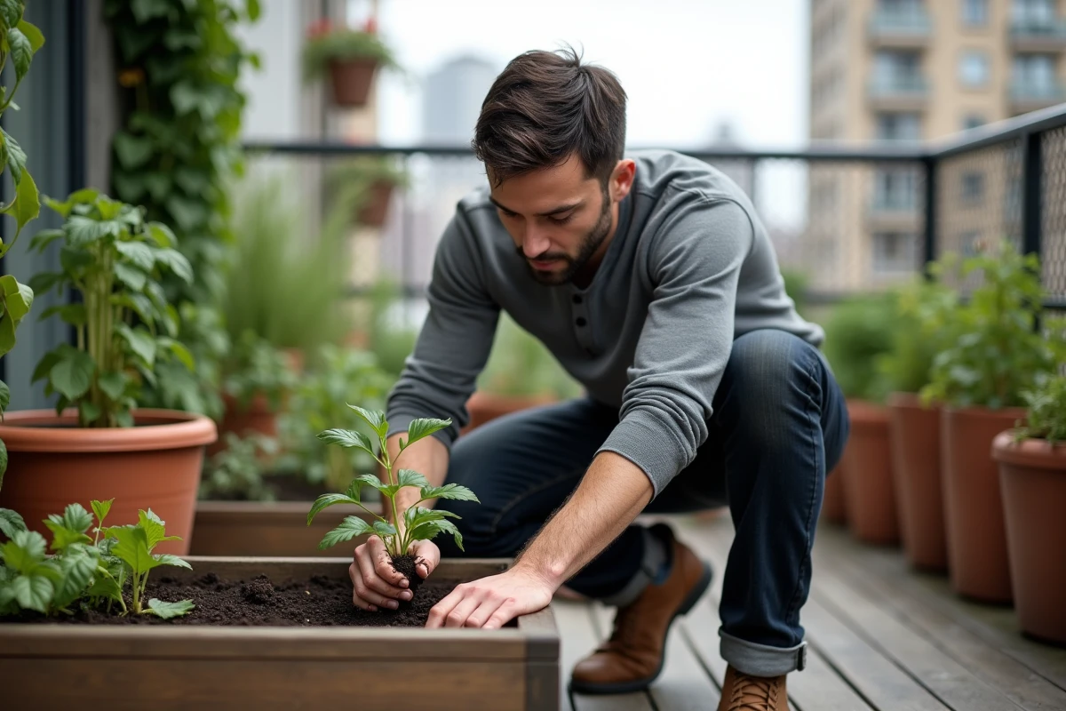 Homme jardinant sur un balcon urbain avec des plantes en pot, loisir jardinage en ville