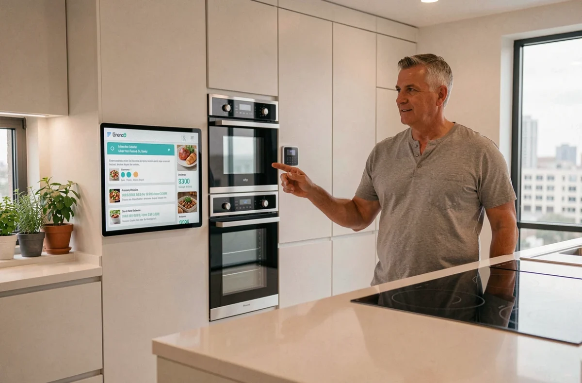 Homme interagissant avec un assistant domestique intelligent dans une cuisine connectée équipée de technologies 2024