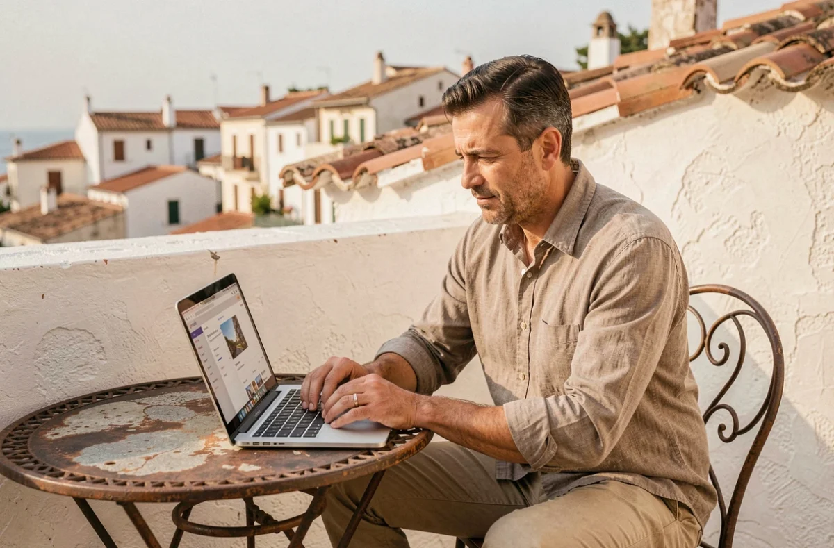 Homme consultant des options d'hébergement sur son ordinateur portable depuis la terrasse ensoleillée d'une maison d'hôtes méditerranéenne