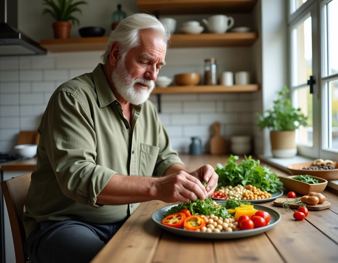 Homme senior préparant un repas équilibré avec des légumes frais dans une cuisine rustique lumineuse