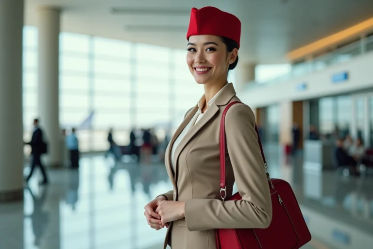Jeune hôtesse de l'air souriante dans un aéroport