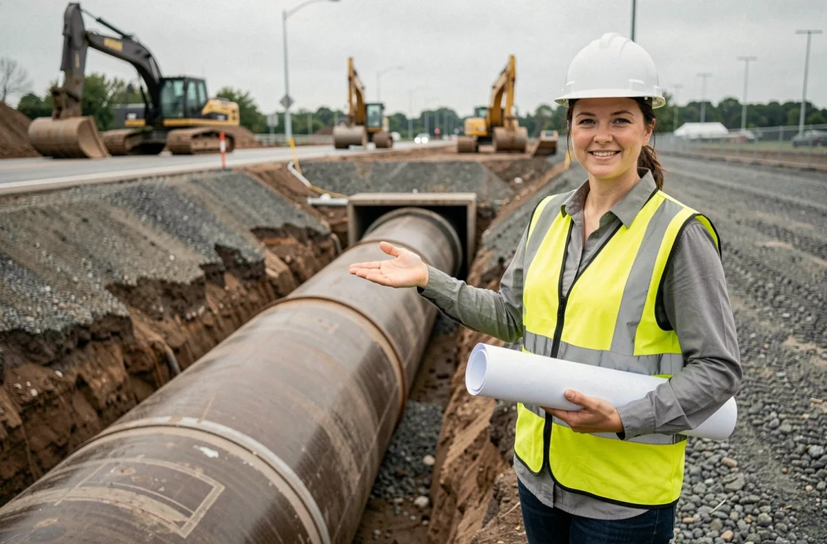 Ingénieure en génie civil supervisant l'installation d'un grand siphon inversé souterrain sur un chantier de travaux publics