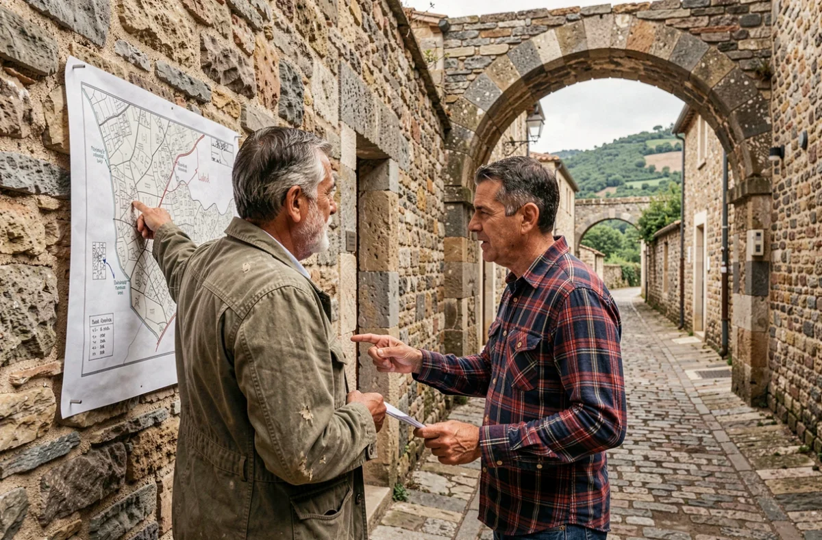 Deux habitants du Pays d'Apt discutant d'un projet local sur une ruelle pavée avec une arche en pierre et les collines du Luberon visibles en fond