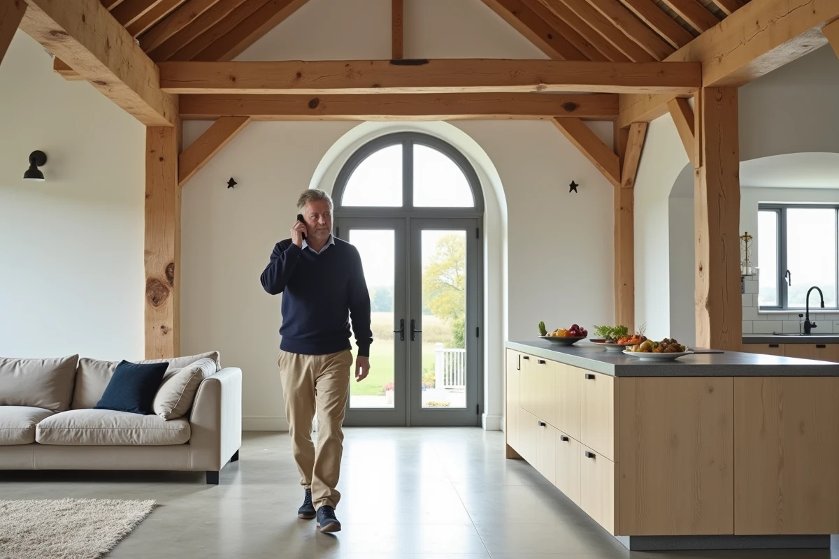 Intérieur lumineux d'une grange agricole convertie en maison avec sol en béton poli, poutres en chêne apparentes et cuisine ouverte après rénovation complète