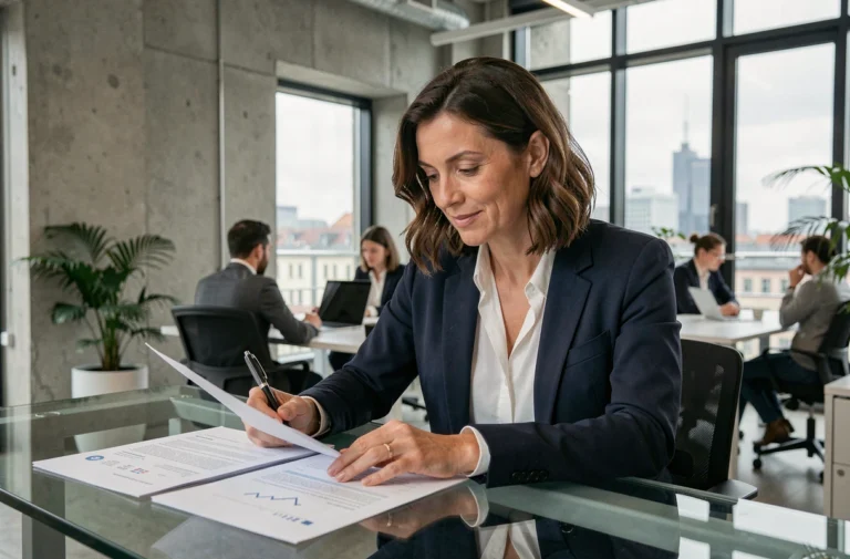 Investisseuse analysant des dossiers de startups innovantes dans un espace de coworking moderne au Luxembourg