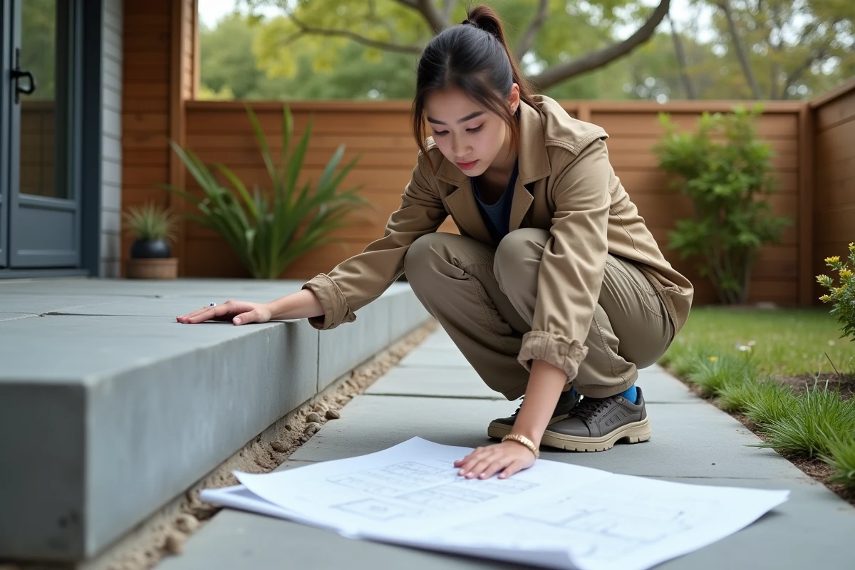 Jeune femme vérifie une terrasse en béton dans un jardin moderne