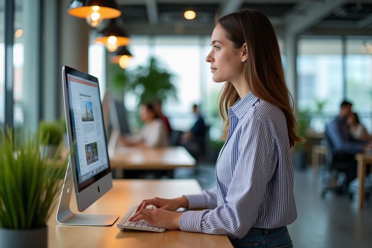Jeune femme explorant le site Claravox sur un ordinateur dans un espace de coworking