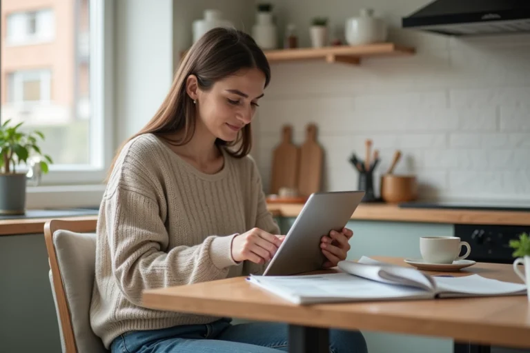 Jeune femme souriante avec tablette dans une cuisine lumineuse