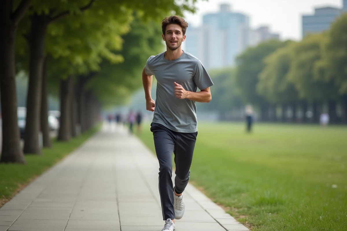 Jeune homme courant dans un parc urbain