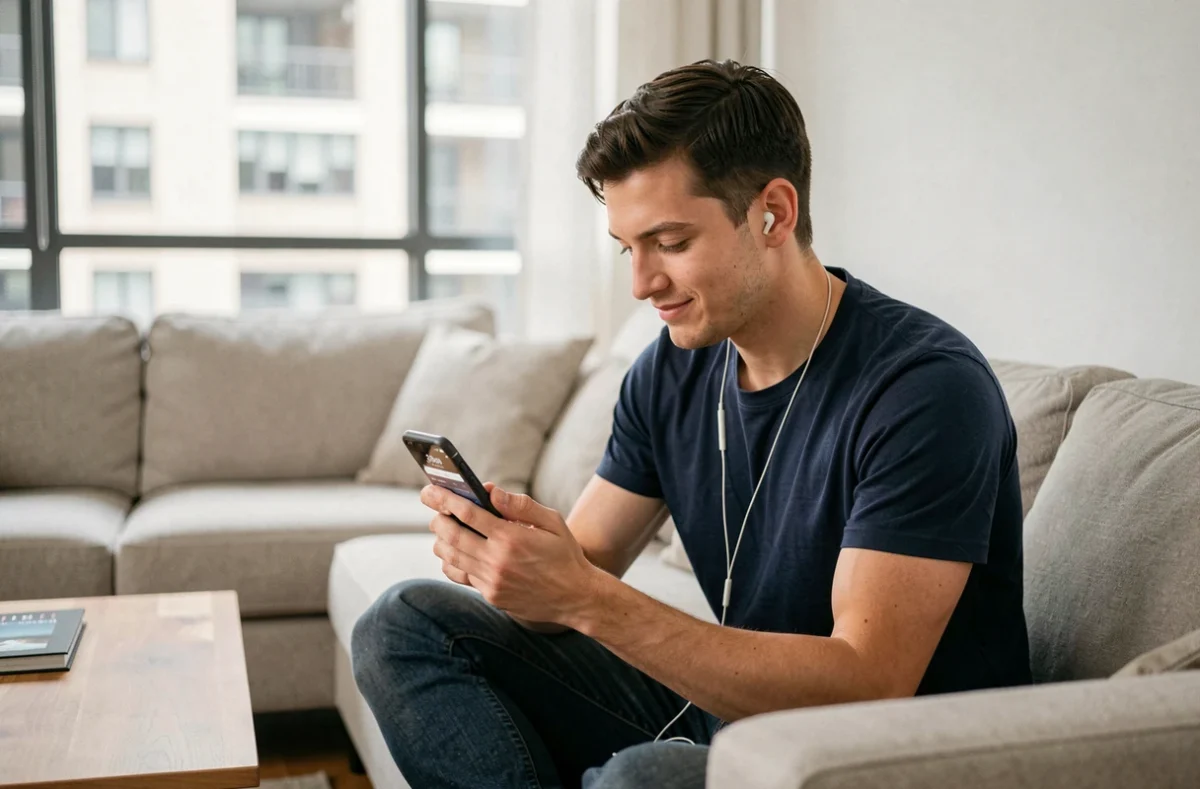 Jeune homme prenant rendez-vous médical via une application de santé sur smartphone depuis son salon
