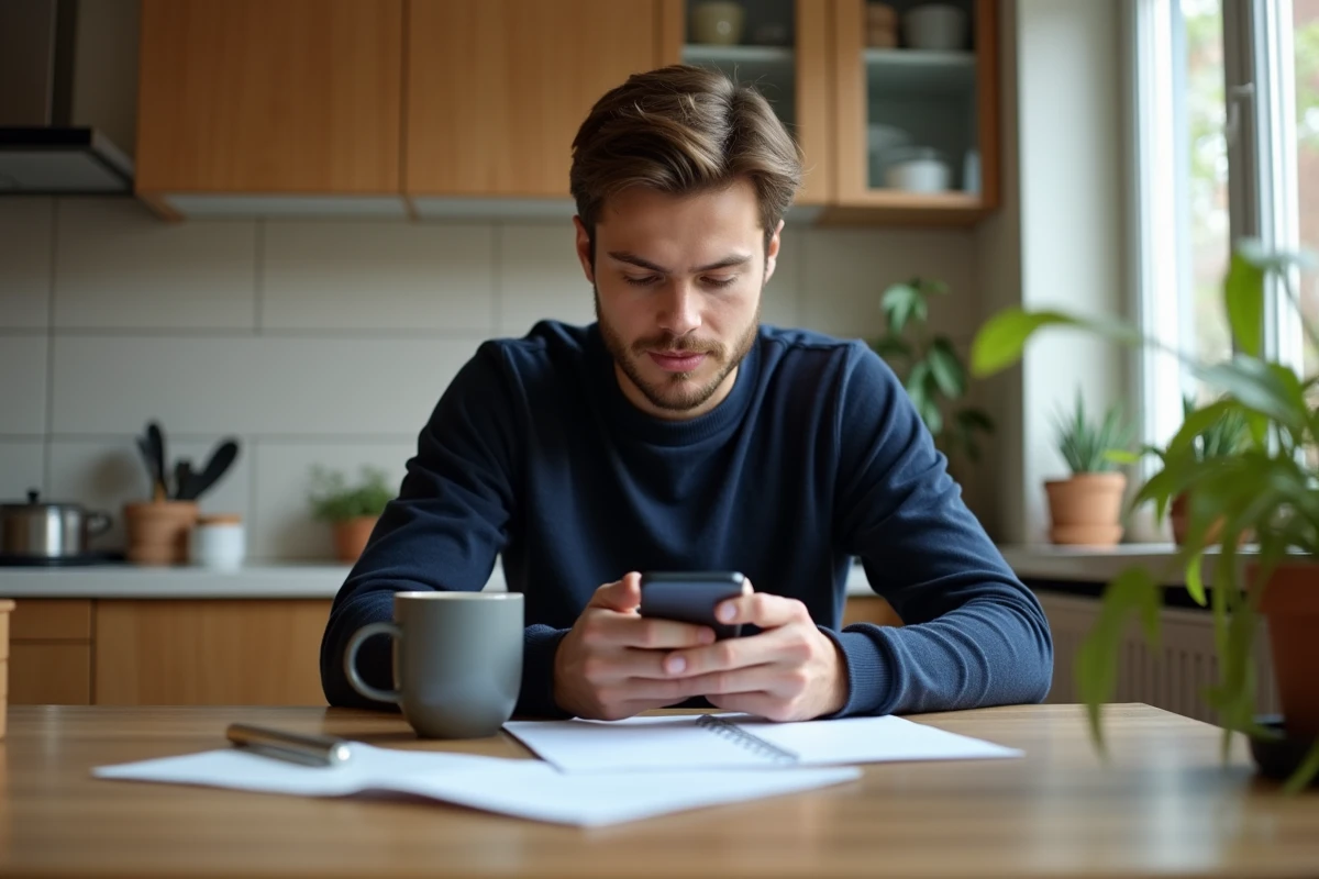Jeune homme regardant son smartphone dans la cuisine