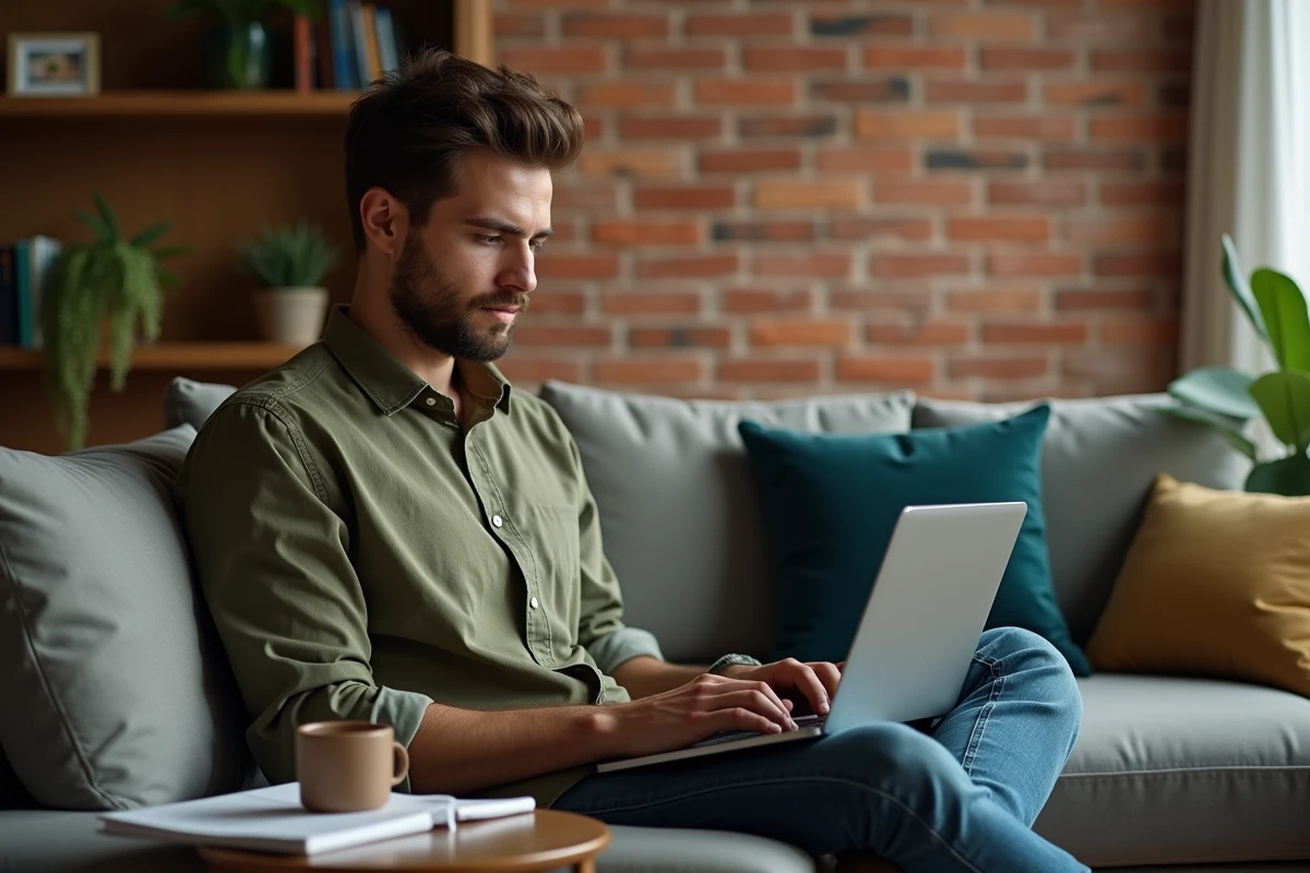 Un jeune professionnel travaillant sur un outil SEO d'audit de site depuis son bureau à domicile avec un ordinateur portable, dans une ambiance cosy et moderne.