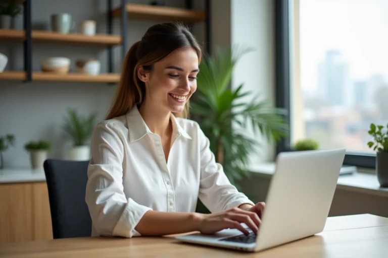 Jeune femme professionnelle travaillant sur son ordinateur dans un bureau moderne