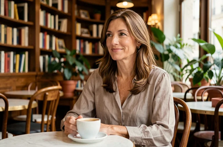 Julia Vignali, animatrice télévision française, souriante dans un café parisien