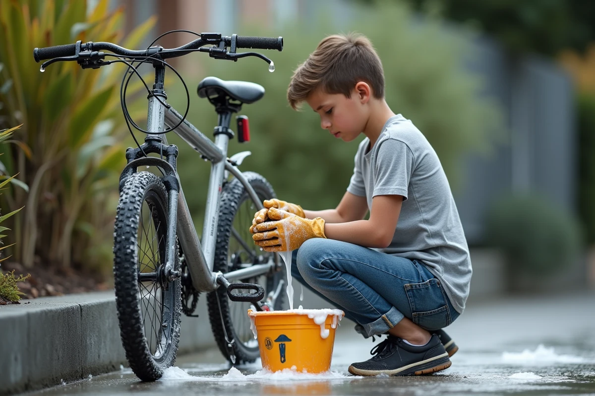Adolescent lavant un vélo avec une éponge savonneuse et un seau sur le trottoir d'un quartier résidentiel