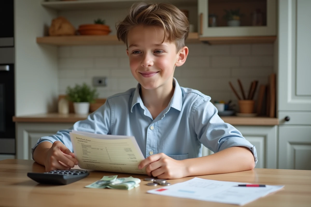 Adolescent consultant son livret jeune avec des pièces et billets d'euros posés sur une table de cuisine, symbolisant l'épargne des gains