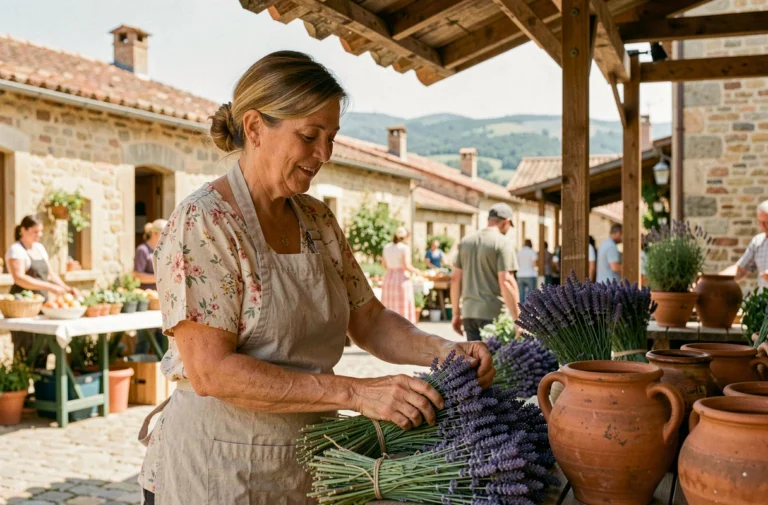 Marchande provençale vendant de la lavande et de la poterie locale sur un marché en plein air du Pays d'Apt, avec les collines du Luberon en arrière-plan