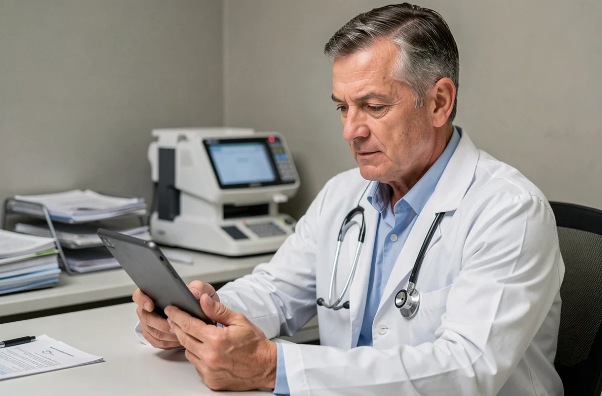 Médecin consultant le dossier médical numérique d'un patient sur une tablette dans un cabinet médical moderne