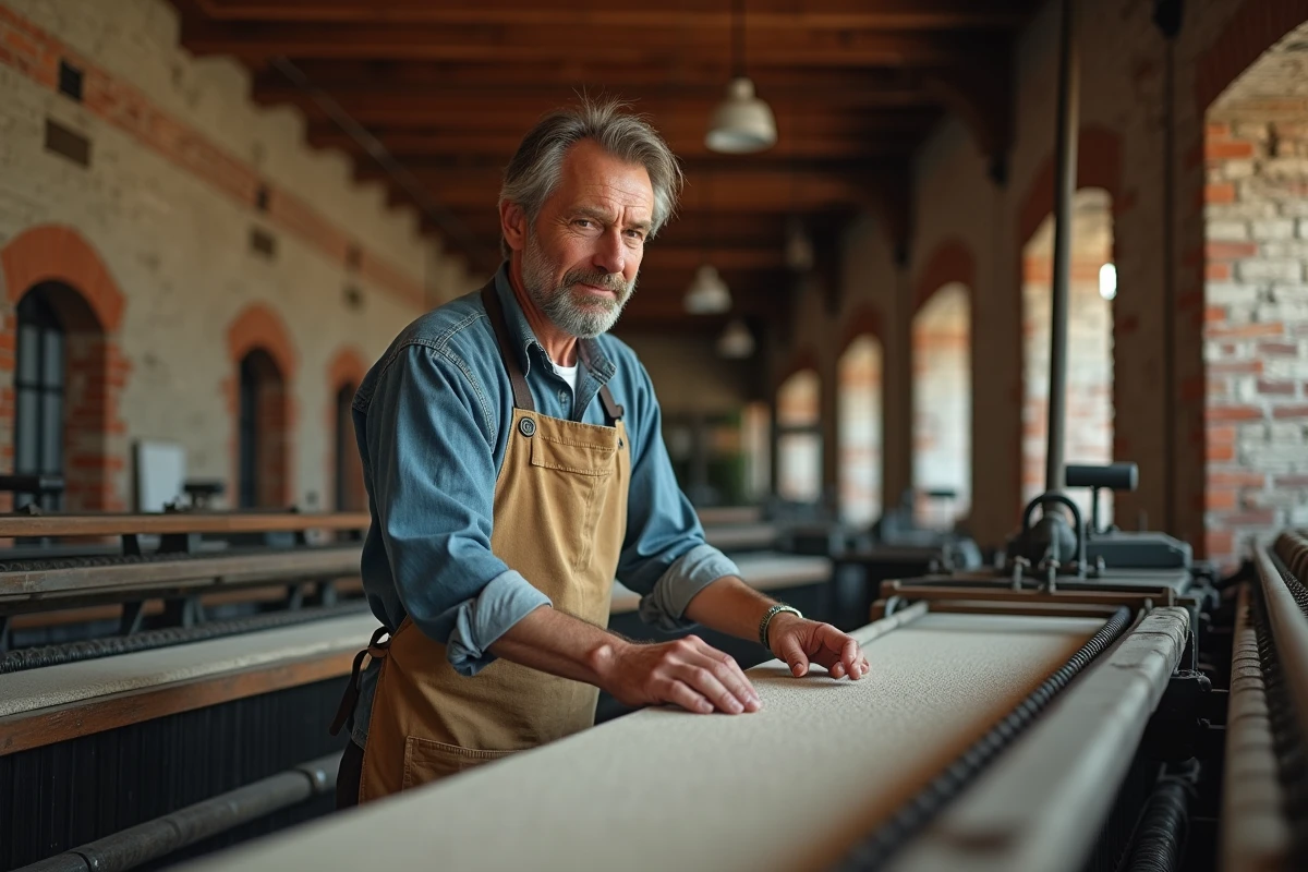 Ouvrier textile travaillant sur un métier à tisser dans une usine de confection responsable, symbolisant l'engagement éthique et la transparence de la chaîne de production Sézane