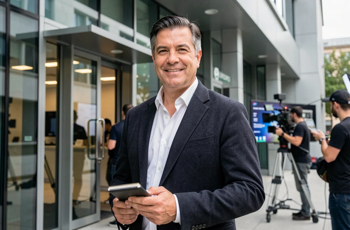 Homme en costume devant un studio de télévision, père dans le milieu médiatique français