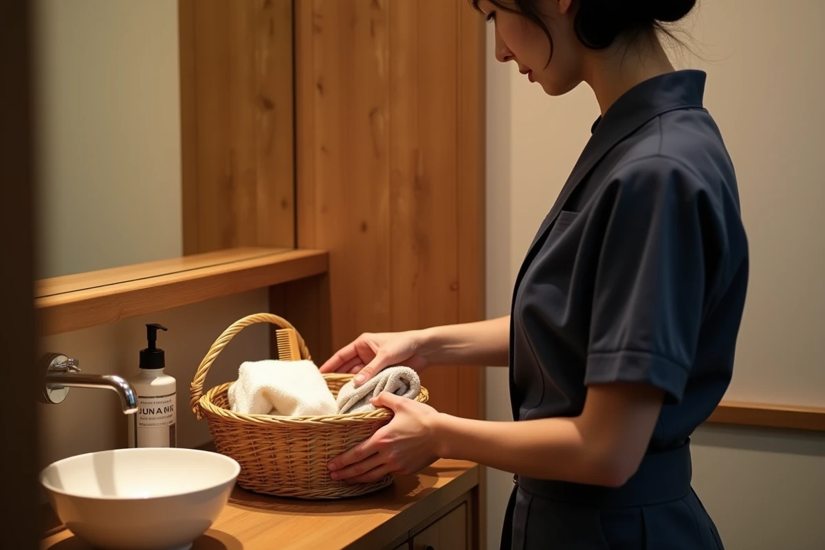 Personnel d'un ryokan japonais déposant un panier d'articles de toilette artisanaux en bois de hinoki avec savon au yuzu et peigne en bois