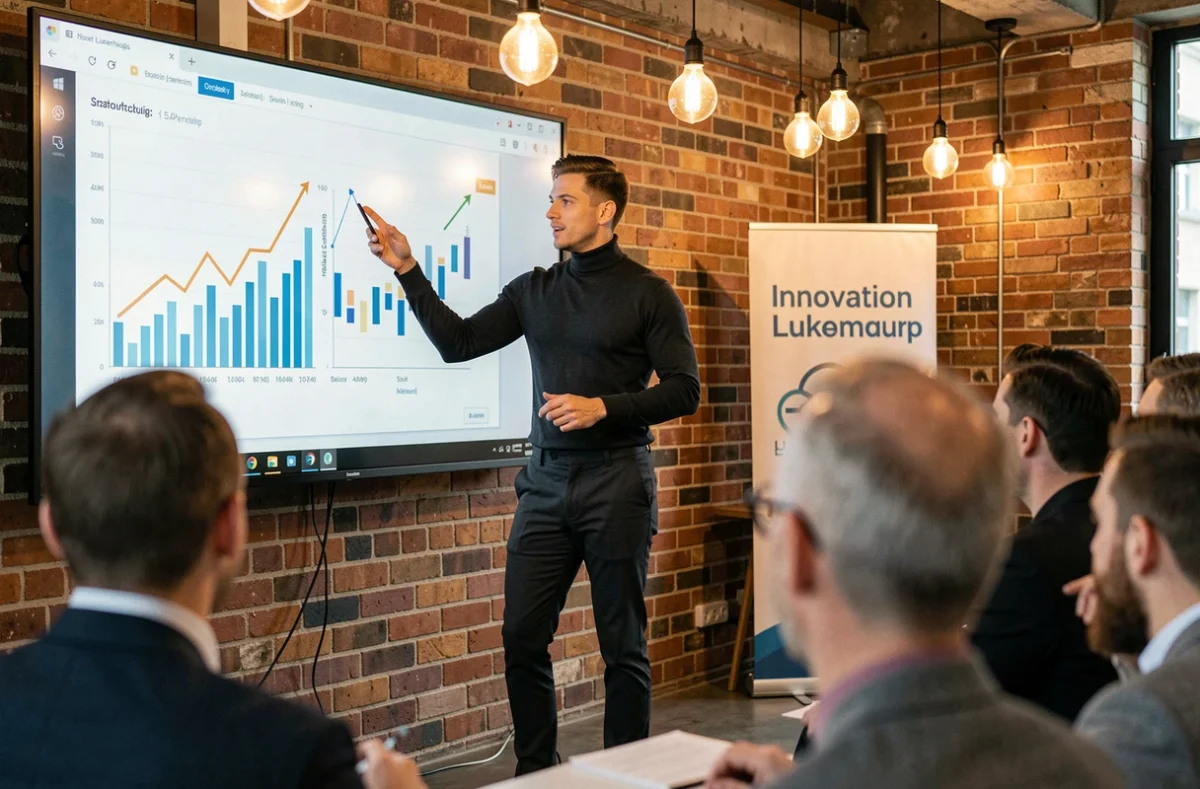 Jeune entrepreneur présentant sa startup devant des investisseurs lors d'un événement d'innovation au Luxembourg