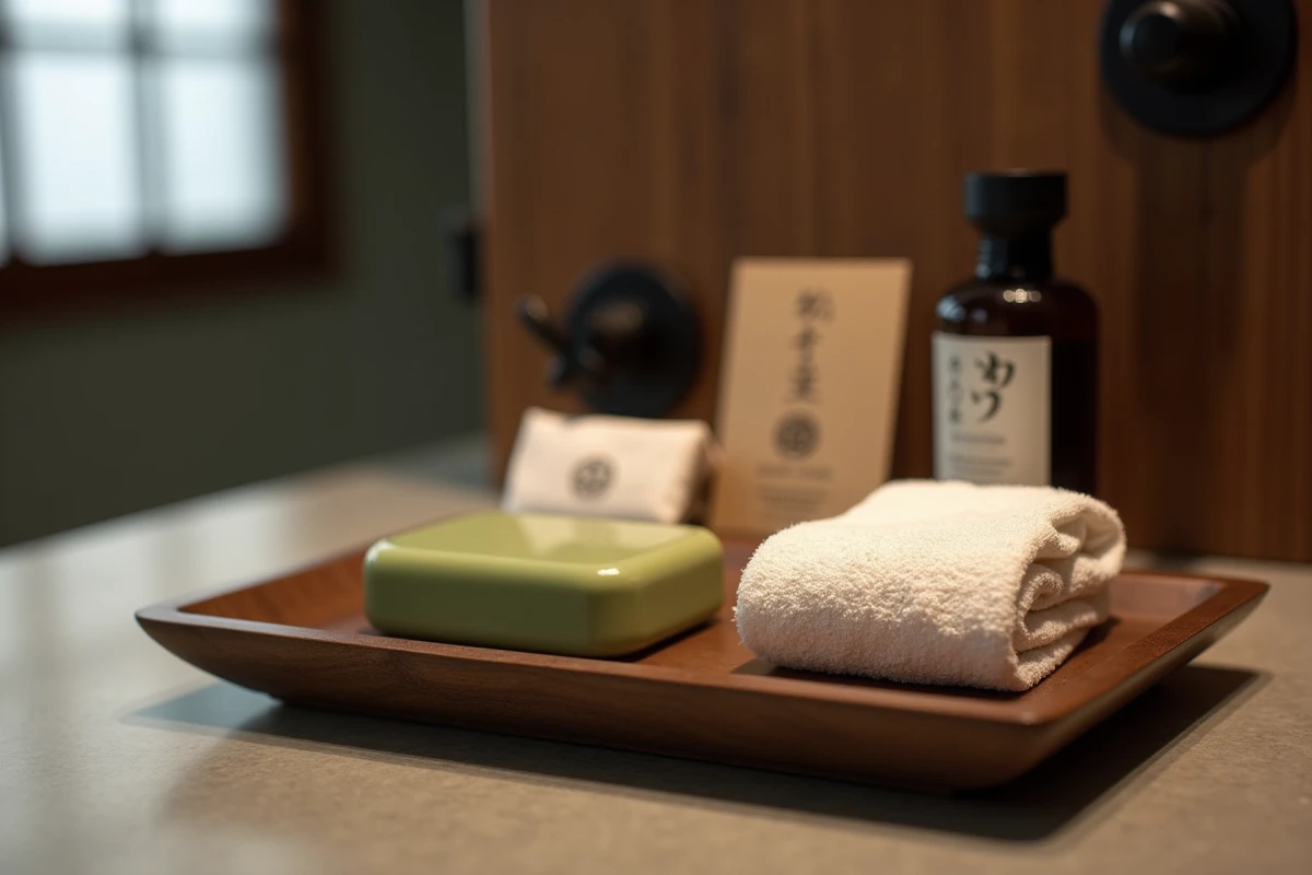Plateau de salle de bain d'un hôtel boutique de Kyoto avec savon au thé vert, huile de camélia tsubaki, tenugui et brosse à dents emballée en japonais