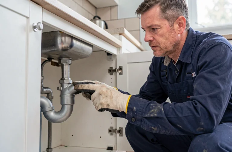 Plombier inspectant un siphon inversé sous un évier de cuisine, montrant le fonctionnement du système de drainage en pratique