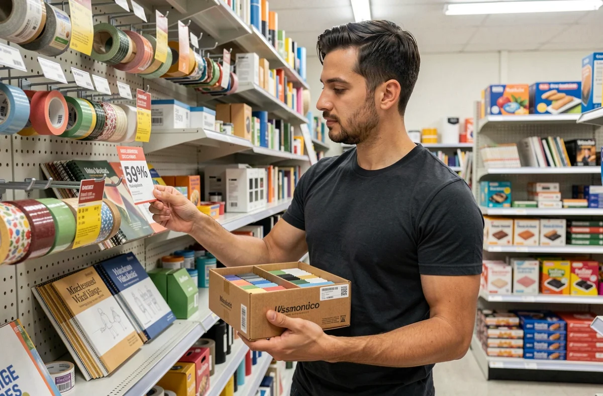 Homme examinant des produits créatifs en magasin avec une étiquette de code promo visible sur le rayon de fournitures artistiques