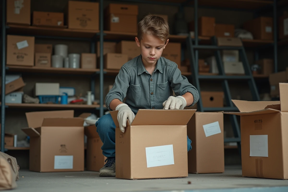 Adolescent rangeant et triant des cartons et vieux objets dans un garage encombré, portant des gants de travail