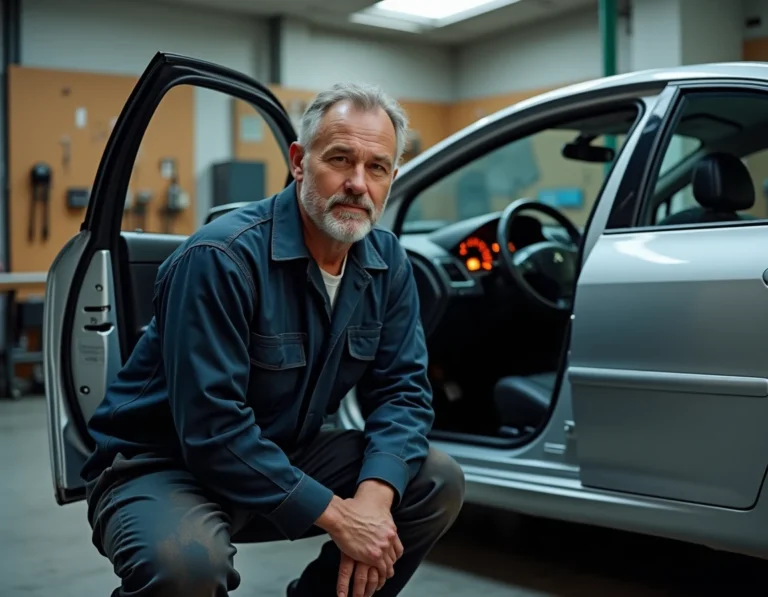 Mécanicien professionnel inspectant le voyant ESP allumé sur le tableau de bord d'une Peugeot 407 dans un garage