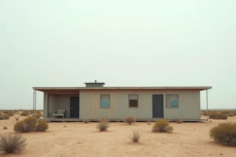 Maison modulaire minimaliste dans un paysage désertique du Texas, résidence discrète de style ranch entourée de végétation aride